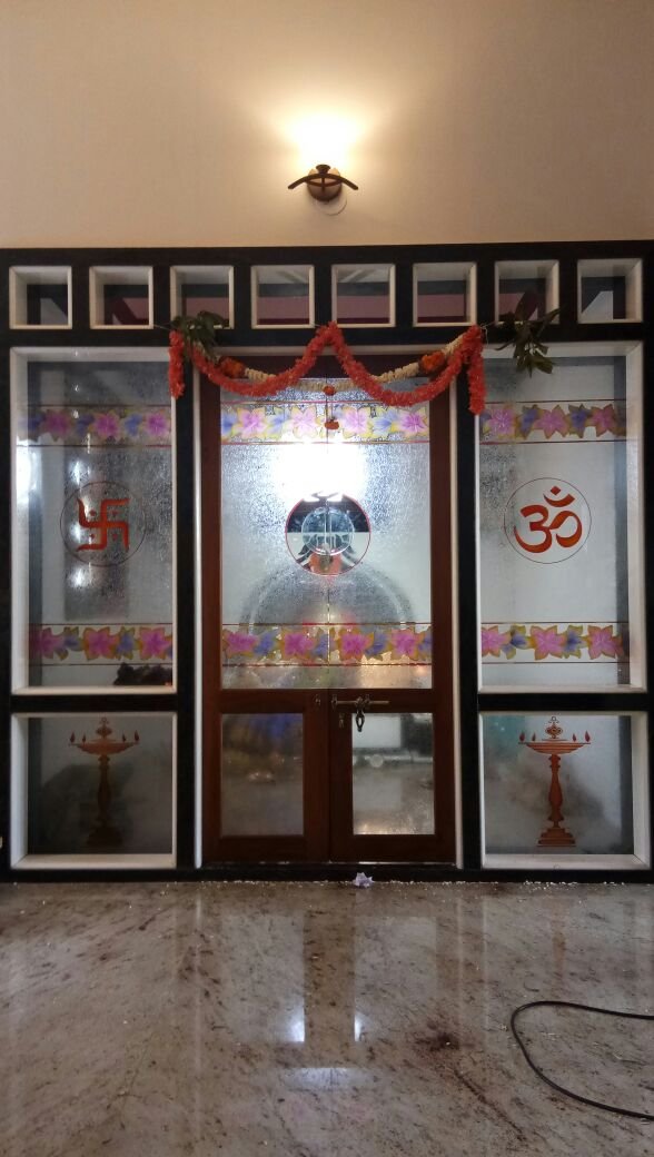 Pooja room glass door and windows with printed designs